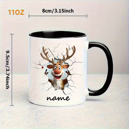 Personalized "Funny 3D Cracking Wall Reindeer" Ceramic Coffee Mug – Custom Name Christmas Cartoon Reindeer & Holiday Novelty Cup (M1154)