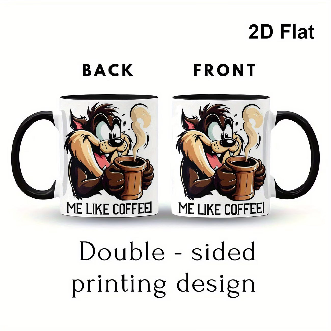 Funny "Me Like Coffee!" Tasmanian Devil Cartoon Ceramic Coffee Mug – Taz Coffee Lover Novelty Cup with Black Accent (M1106)