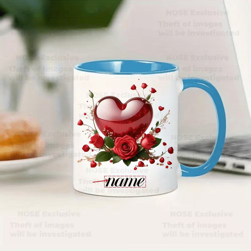 Personalized "Glossy Red Heart & Roses" Ceramic Coffee Mug – Custom Name Romantic Floral, Valentine's Day & Love Novelty Cup (M1188)
