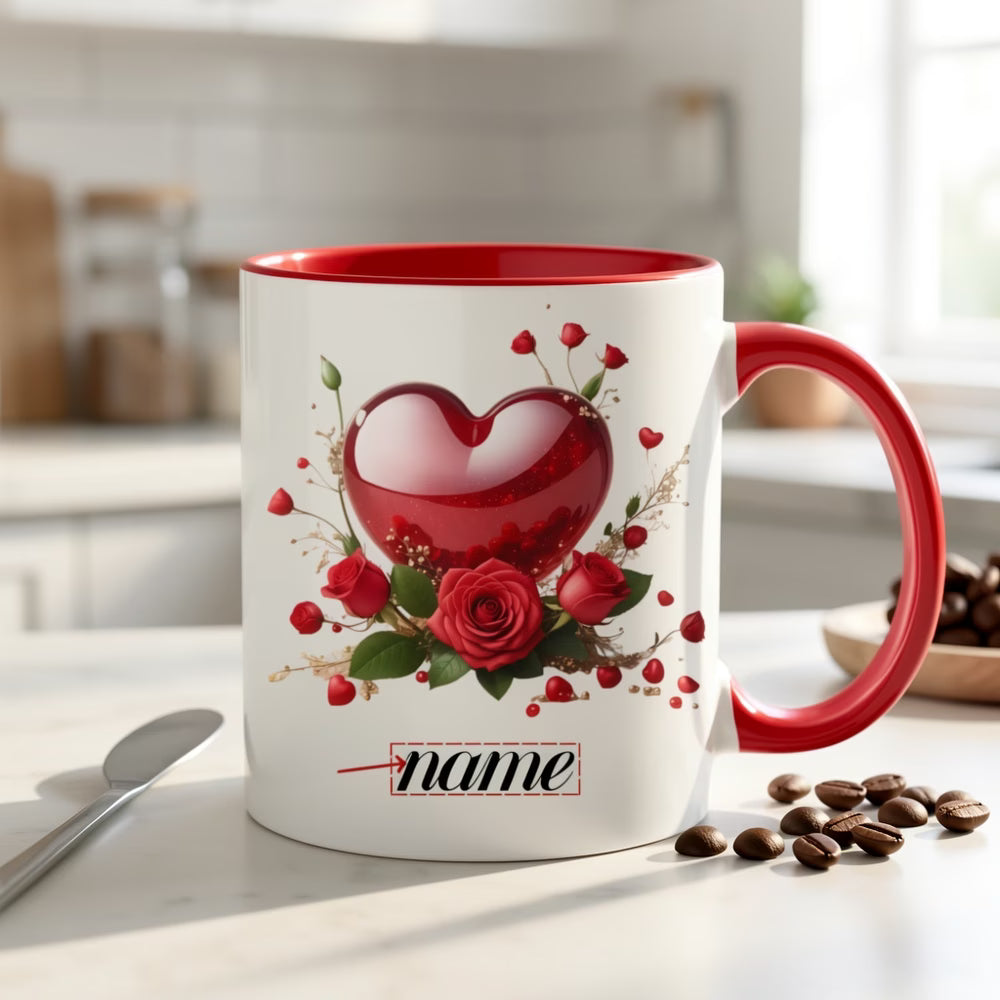 Personalized "Glossy Red Heart & Roses" Ceramic Coffee Mug – Custom Name Romantic Floral, Valentine's Day & Love Novelty Cup (M1188)
