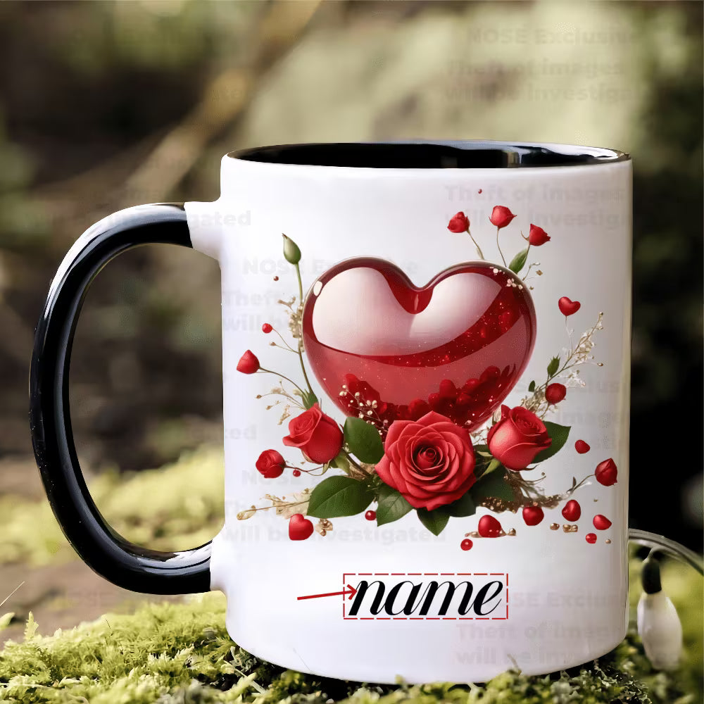 Personalized "Glossy Red Heart & Roses" Ceramic Coffee Mug – Custom Name Romantic Floral, Valentine's Day & Love Novelty Cup (M1188)