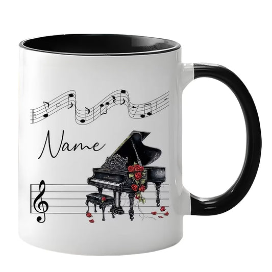 Personalized "Grand Piano & Red Roses" Ceramic Coffee Mug – Custom Name Musical Instrument, Pianist Gift & Elegant Music Novelty Cup (M1198)