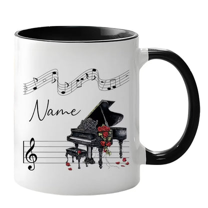 Personalized "Grand Piano & Red Roses" Ceramic Coffee Mug – Custom Name Musical Instrument, Pianist Gift & Elegant Music Novelty Cup (M1198)