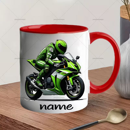 Personalized "Green Superbike" Motorcycle Ceramic Coffee Mug – Custom Name Racing Bike Novelty Cup with Black Accent (M1097)
