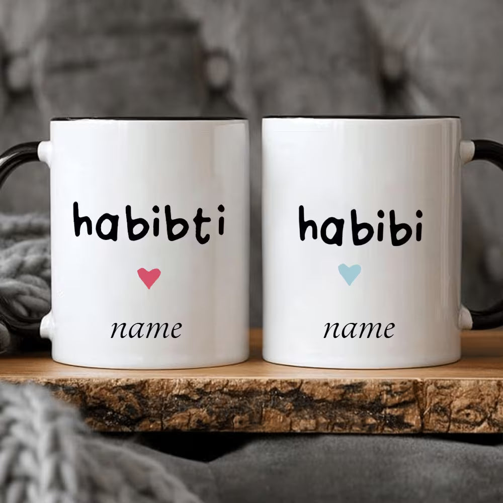 Personalized "Habibi & Habibti" Couple Ceramic Coffee Mugs – Custom Name Arabic Terms of Endearment & Romantic Novelty Cup Set (M1133)