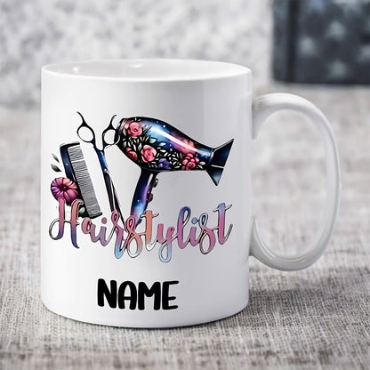 Personalized "Hairstylist Floral & Tools" Ceramic Coffee Mug – Custom Name Beauty Salon, Hairdresser Gift & Stylist Novelty Cup (M1196)