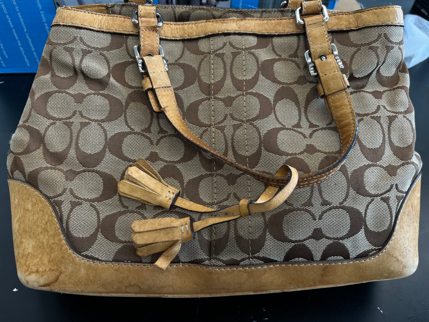 Coach Signature Tote Bag Brown Monogram Canvas Leather Shoulder Handbag