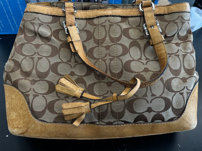 Coach Signature Tote Bag Brown Monogram Canvas Leather Shoulder Handbag