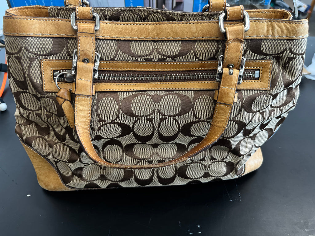 Coach Signature Tote Bag Brown Monogram Canvas Leather Shoulder Handbag