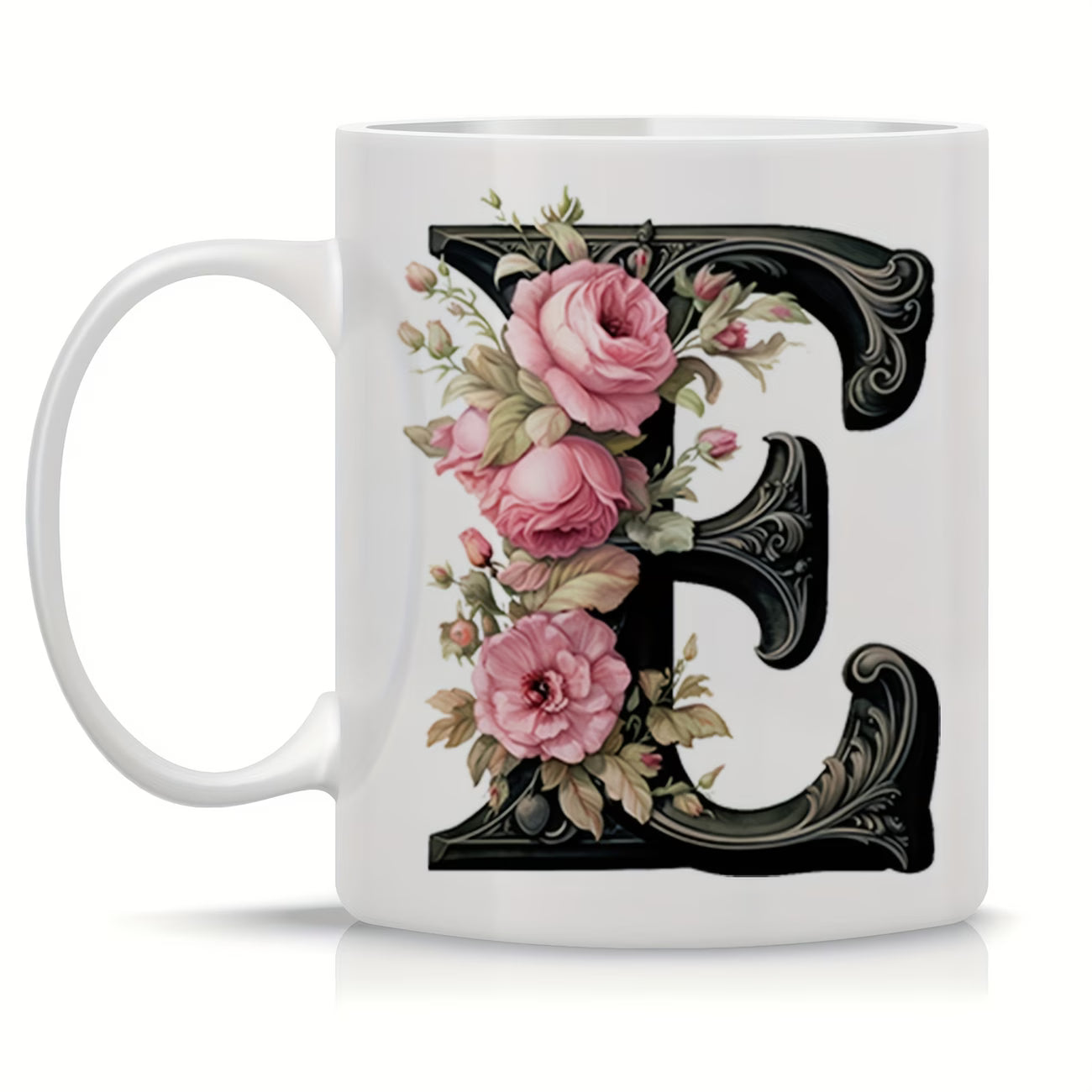 Personalized "Black Letter Floral Initial" Ceramic Coffee Mug – Custom Letter A-Z Pink Roses & Vintage Monogram Novelty Cup (M1141)