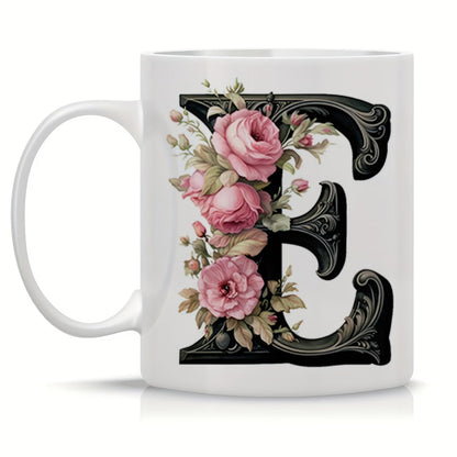 Personalized "Black Letter Floral Initial" Ceramic Coffee Mug – Custom Letter A-Z Pink Roses & Vintage Monogram Novelty Cup (M1141)