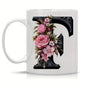 Personalized "Black Letter Floral Initial" Ceramic Coffee Mug – Custom Letter A-Z Pink Roses & Vintage Monogram Novelty Cup (M1141)