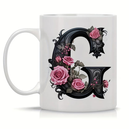 Personalized "Black Letter Floral Initial" Ceramic Coffee Mug – Custom Letter A-Z Pink Roses & Vintage Monogram Novelty Cup (M1141)