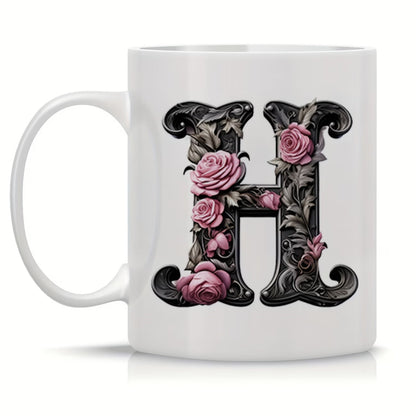 Personalized "Black Letter Floral Initial" Ceramic Coffee Mug – Custom Letter A-Z Pink Roses & Vintage Monogram Novelty Cup (M1141)