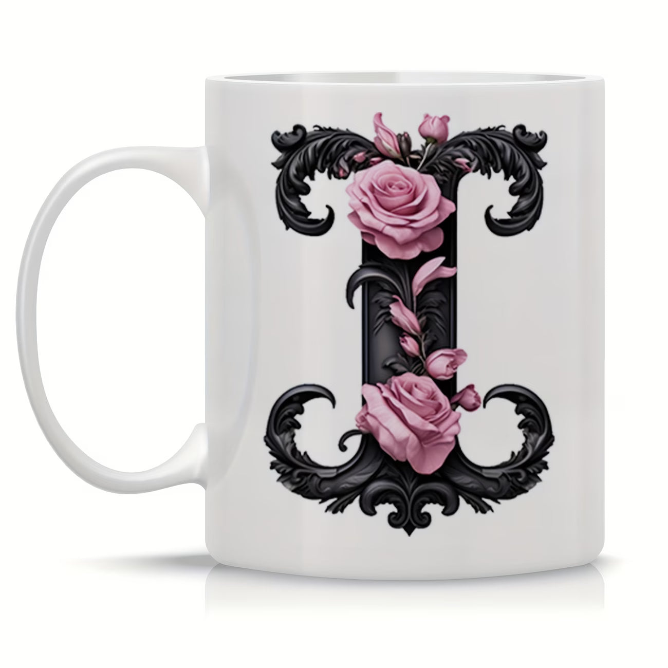 Personalized "Black Letter Floral Initial" Ceramic Coffee Mug – Custom Letter A-Z Pink Roses & Vintage Monogram Novelty Cup (M1141)