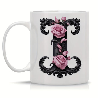 Personalized "Black Letter Floral Initial" Ceramic Coffee Mug – Custom Letter A-Z Pink Roses & Vintage Monogram Novelty Cup (M1141)