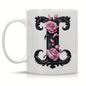 Personalized "Black Letter Floral Initial" Ceramic Coffee Mug – Custom Letter A-Z Pink Roses & Vintage Monogram Novelty Cup (M1141)