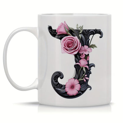Personalized "Black Letter Floral Initial" Ceramic Coffee Mug – Custom Letter A-Z Pink Roses & Vintage Monogram Novelty Cup (M1141)