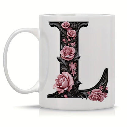 Personalized "Black Letter Floral Initial" Ceramic Coffee Mug – Custom Letter A-Z Pink Roses & Vintage Monogram Novelty Cup (M1141)