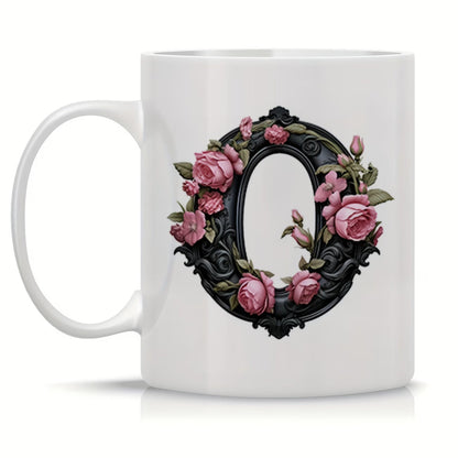 Personalized "Black Letter Floral Initial" Ceramic Coffee Mug – Custom Letter A-Z Pink Roses & Vintage Monogram Novelty Cup (M1141)