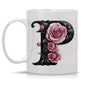 Personalized "Black Letter Floral Initial" Ceramic Coffee Mug – Custom Letter A-Z Pink Roses & Vintage Monogram Novelty Cup (M1141)