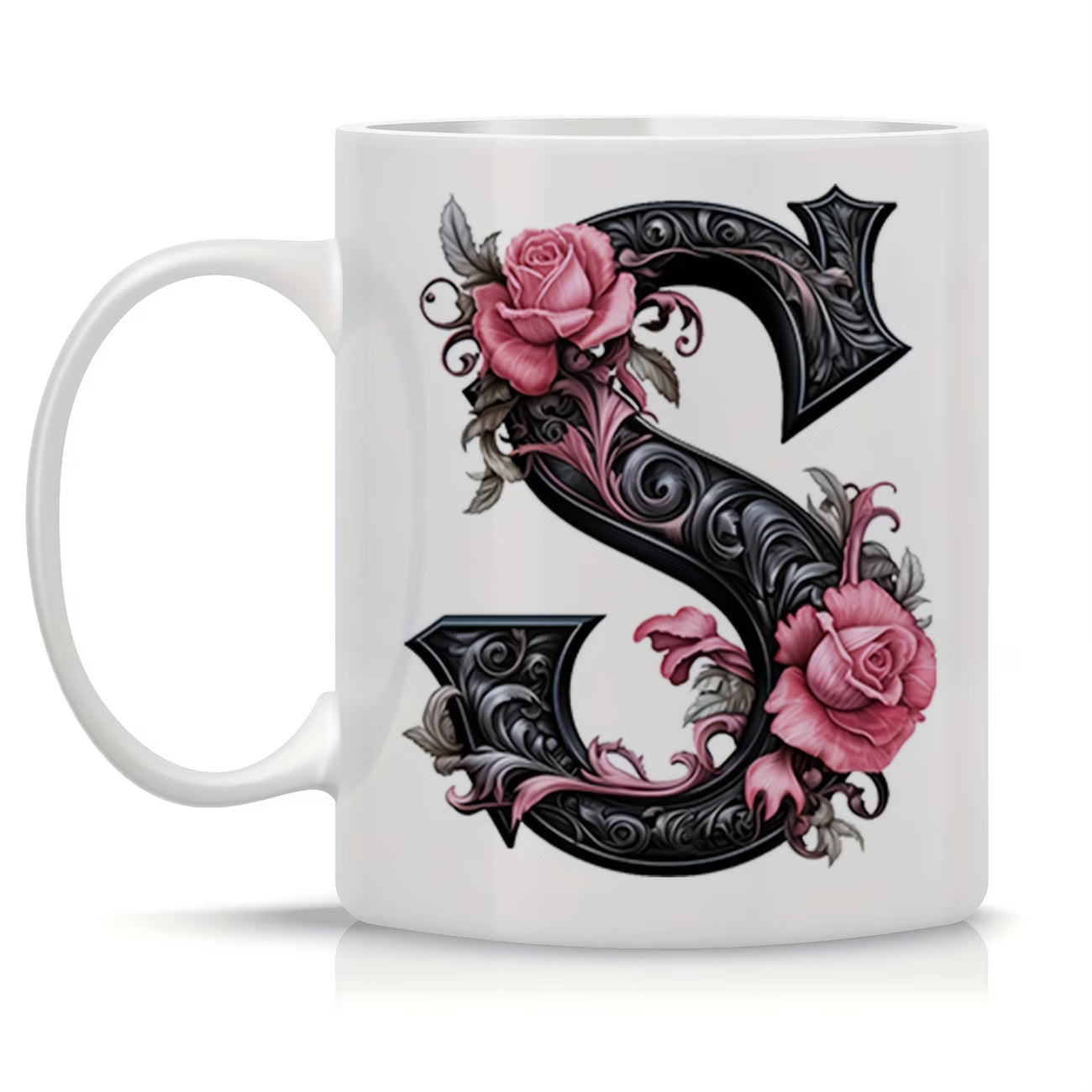 Personalized "Black Letter Floral Initial" Ceramic Coffee Mug – Custom Letter A-Z Pink Roses & Vintage Monogram Novelty Cup (M1141)