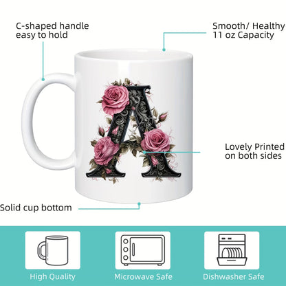 Personalized "Black Letter Floral Initial" Ceramic Coffee Mug – Custom Letter A-Z Pink Roses & Vintage Monogram Novelty Cup (M1141)