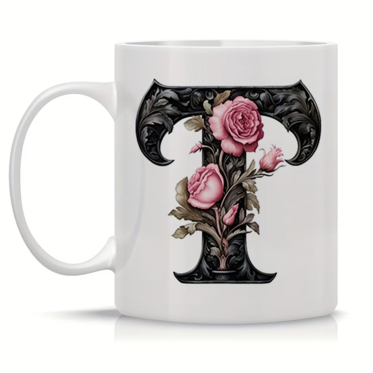 Personalized "Black Letter Floral Initial" Ceramic Coffee Mug – Custom Letter A-Z Pink Roses & Vintage Monogram Novelty Cup (M1141)