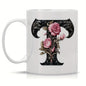 Personalized "Black Letter Floral Initial" Ceramic Coffee Mug – Custom Letter A-Z Pink Roses & Vintage Monogram Novelty Cup (M1141)