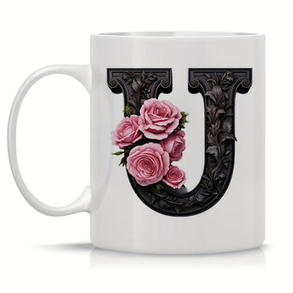 Personalized "Black Letter Floral Initial" Ceramic Coffee Mug – Custom Letter A-Z Pink Roses & Vintage Monogram Novelty Cup (M1141)