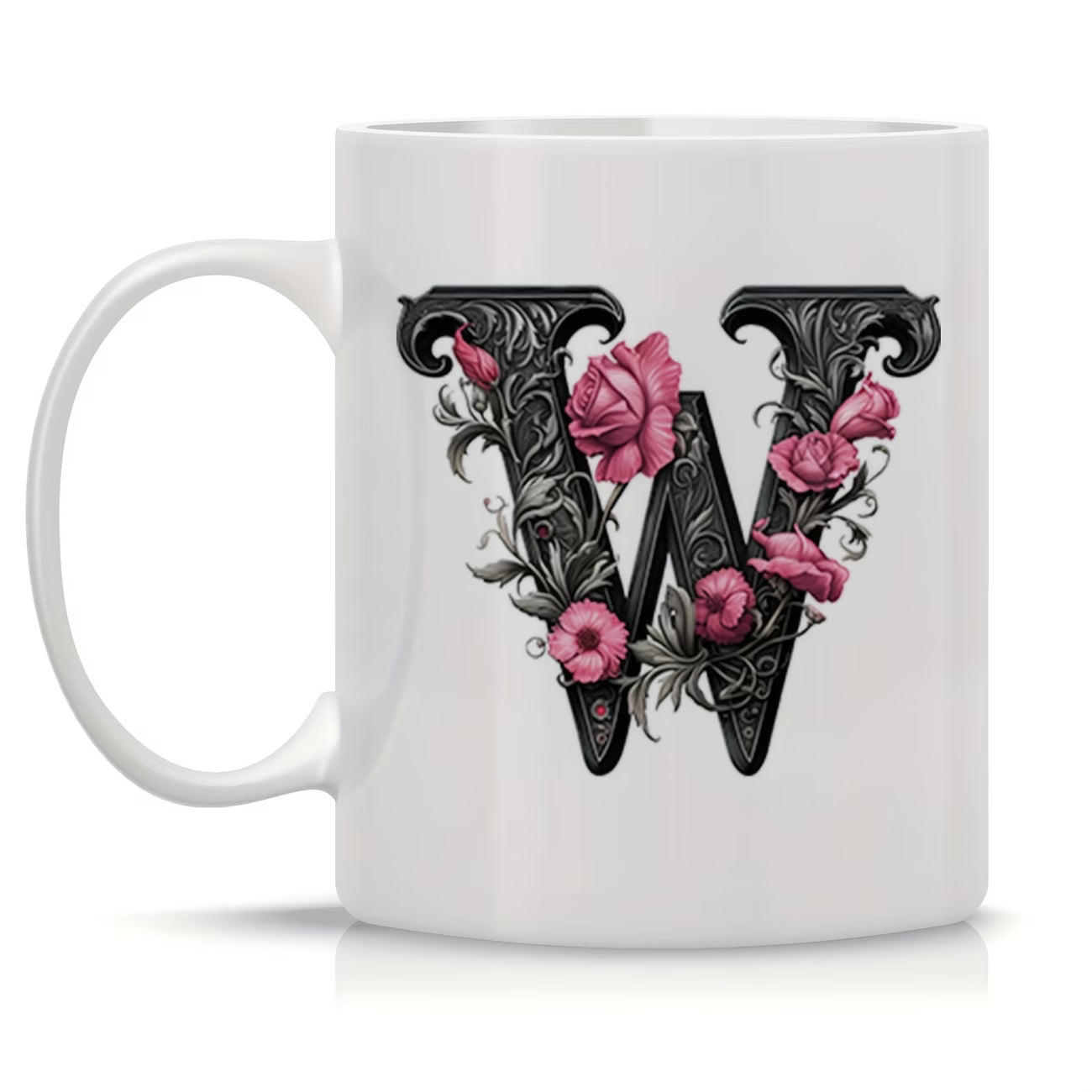 Personalized "Black Letter Floral Initial" Ceramic Coffee Mug – Custom Letter A-Z Pink Roses & Vintage Monogram Novelty Cup (M1141)