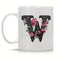 Personalized "Black Letter Floral Initial" Ceramic Coffee Mug – Custom Letter A-Z Pink Roses & Vintage Monogram Novelty Cup (M1141)