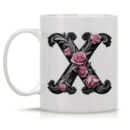 Personalized "Black Letter Floral Initial" Ceramic Coffee Mug – Custom Letter A-Z Pink Roses & Vintage Monogram Novelty Cup (M1141)