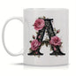 Personalized "Black Letter Floral Initial" Ceramic Coffee Mug – Custom Letter A-Z Pink Roses & Vintage Monogram Novelty Cup (M1141)