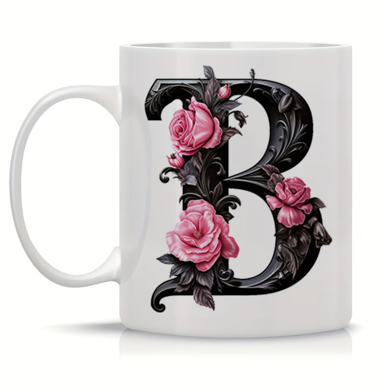 Personalized "Black Letter Floral Initial" Ceramic Coffee Mug – Custom Letter A-Z Pink Roses & Vintage Monogram Novelty Cup (M1141)