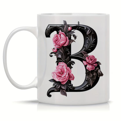 Personalized "Black Letter Floral Initial" Ceramic Coffee Mug – Custom Letter A-Z Pink Roses & Vintage Monogram Novelty Cup (M1141)