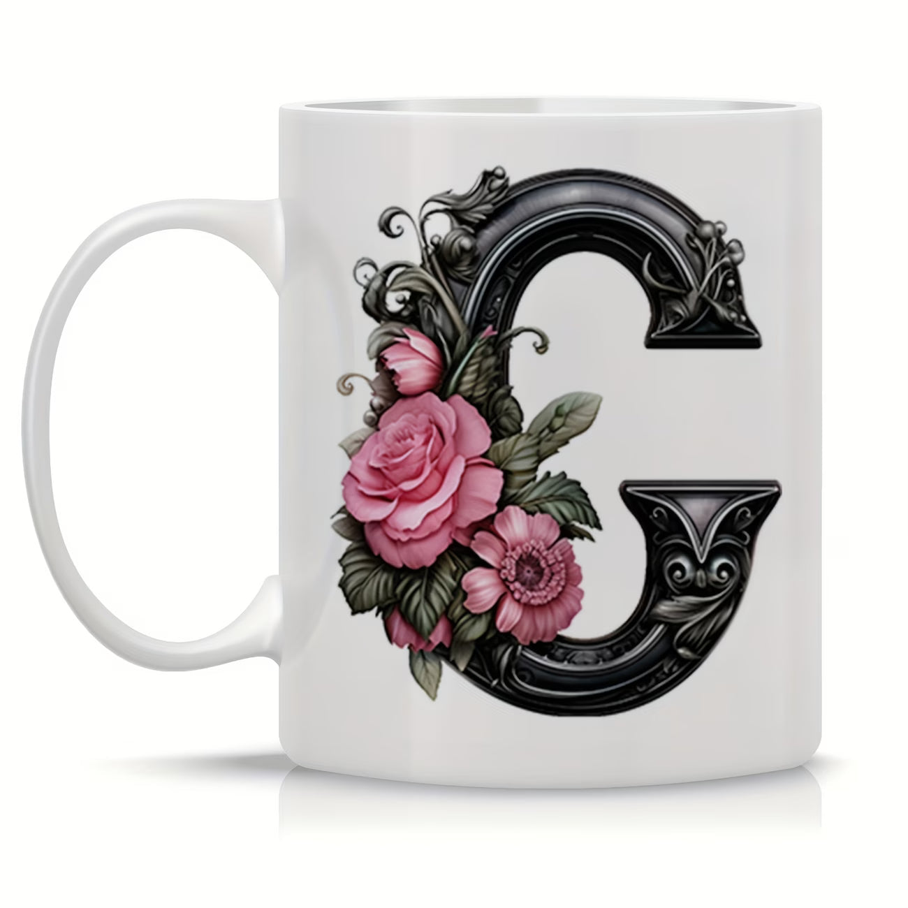 Personalized "Black Letter Floral Initial" Ceramic Coffee Mug – Custom Letter A-Z Pink Roses & Vintage Monogram Novelty Cup (M1141)