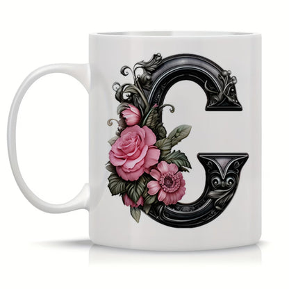 Personalized "Black Letter Floral Initial" Ceramic Coffee Mug – Custom Letter A-Z Pink Roses & Vintage Monogram Novelty Cup (M1141)