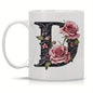 Personalized "Black Letter Floral Initial" Ceramic Coffee Mug – Custom Letter A-Z Pink Roses & Vintage Monogram Novelty Cup (M1141)