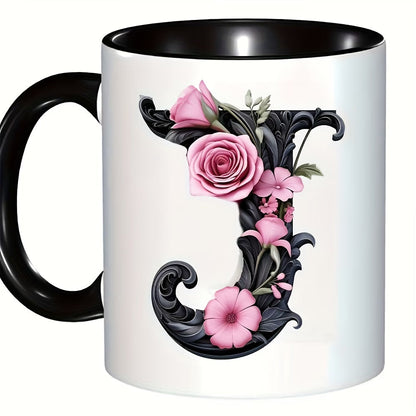 Personalized "Black Letter Floral Initial" Ceramic Coffee Mug – Custom Letter A-Z Pink Roses & Vintage Monogram Novelty Cup (M1141)