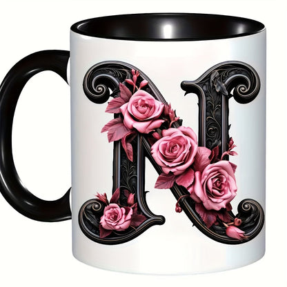 Personalized "Black Letter Floral Initial" Ceramic Coffee Mug – Custom Letter A-Z Pink Roses & Vintage Monogram Novelty Cup (M1141)