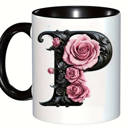 Personalized "Black Letter Floral Initial" Ceramic Coffee Mug – Custom Letter A-Z Pink Roses & Vintage Monogram Novelty Cup (M1141)