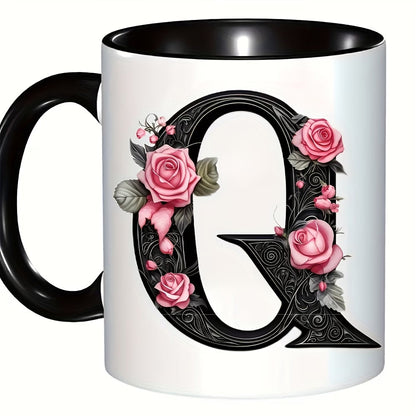 Personalized "Black Letter Floral Initial" Ceramic Coffee Mug – Custom Letter A-Z Pink Roses & Vintage Monogram Novelty Cup (M1141)