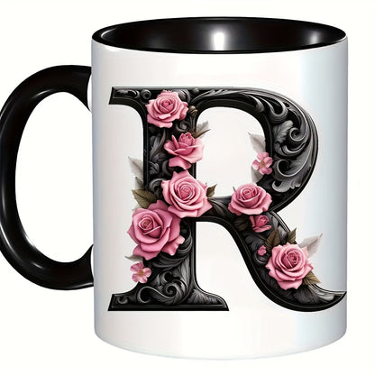 Personalized "Black Letter Floral Initial" Ceramic Coffee Mug – Custom Letter A-Z Pink Roses & Vintage Monogram Novelty Cup (M1141)