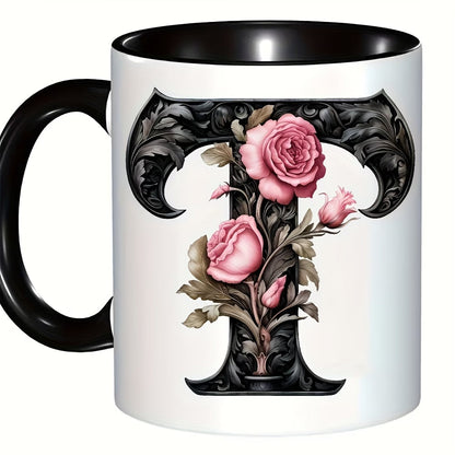 Personalized "Black Letter Floral Initial" Ceramic Coffee Mug – Custom Letter A-Z Pink Roses & Vintage Monogram Novelty Cup (M1141)