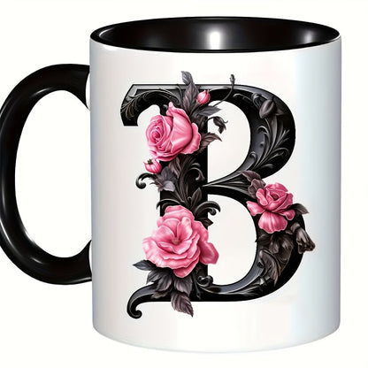 Personalized "Black Letter Floral Initial" Ceramic Coffee Mug – Custom Letter A-Z Pink Roses & Vintage Monogram Novelty Cup (M1141)