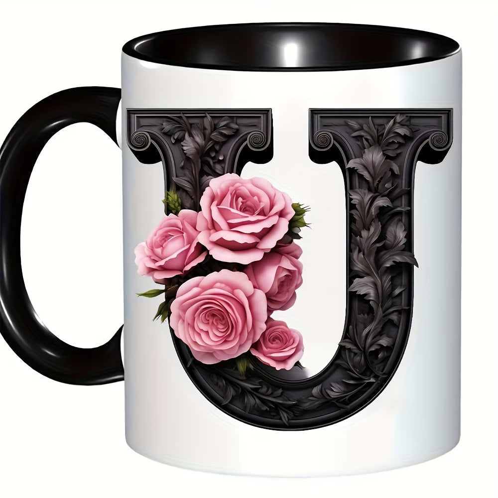 Personalized "Black Letter Floral Initial" Ceramic Coffee Mug – Custom Letter A-Z Pink Roses & Vintage Monogram Novelty Cup (M1141)