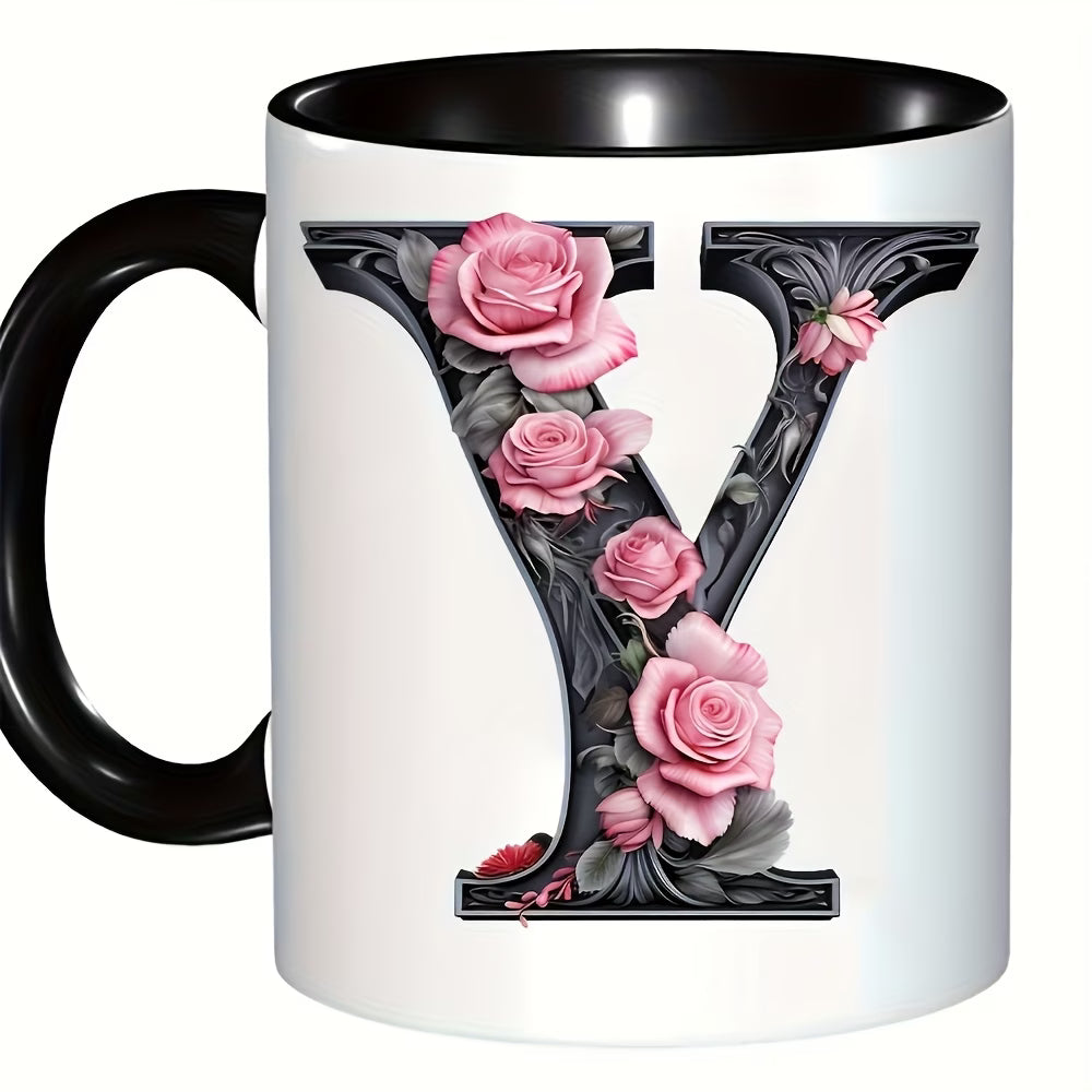 Personalized "Black Letter Floral Initial" Ceramic Coffee Mug – Custom Letter A-Z Pink Roses & Vintage Monogram Novelty Cup (M1141)
