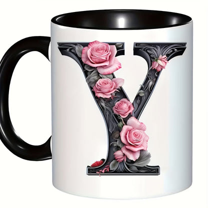 Personalized "Black Letter Floral Initial" Ceramic Coffee Mug – Custom Letter A-Z Pink Roses & Vintage Monogram Novelty Cup (M1141)