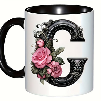 Personalized "Black Letter Floral Initial" Ceramic Coffee Mug – Custom Letter A-Z Pink Roses & Vintage Monogram Novelty Cup (M1141)